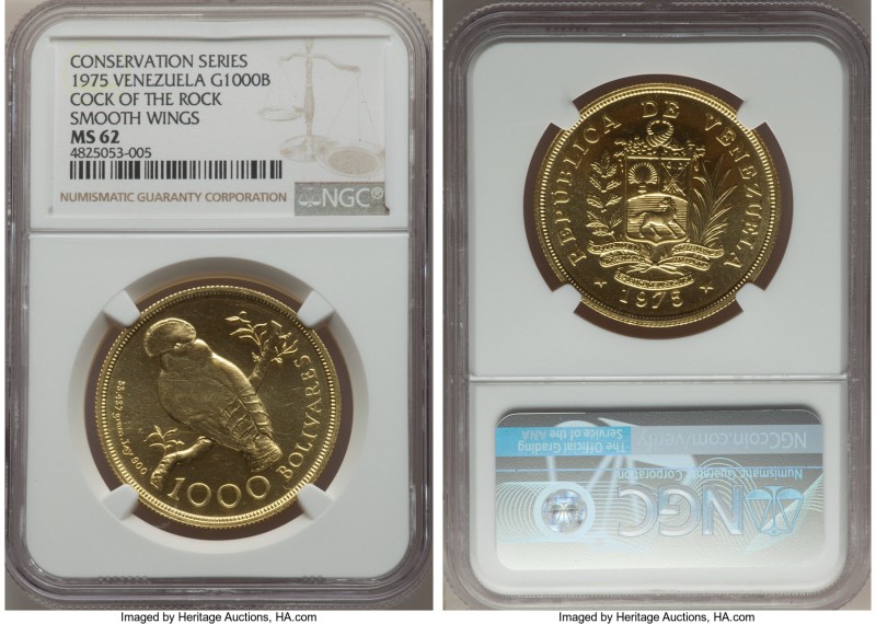 Republic gold "Cock of the Rock" 1000 Bolivares 1975-(l) MS62 NGC, British Royal...