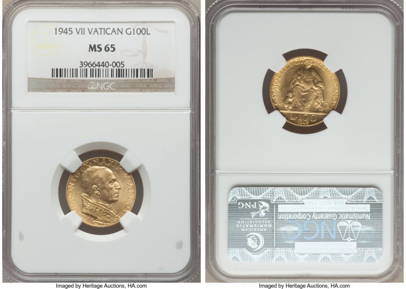 Pius XII gold 100 Lire 1945 Anno VII MS65 NGC, KM39. Nearly flawless and highly ...