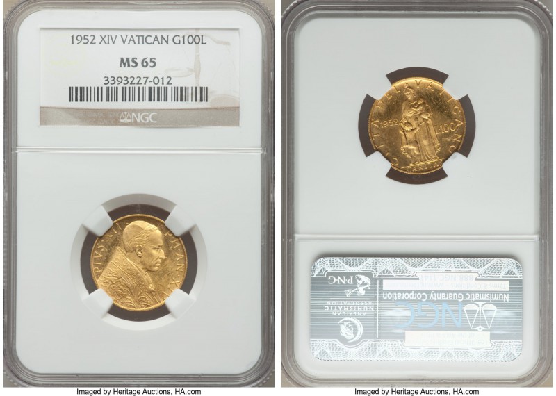 Pius XII gold 100 Lire 1952 Anno XIV MS65 NGC, KM53.1. Mintage: 1,000. With such...