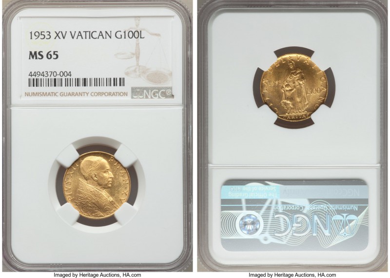 Pius XII gold 100 Lire 1953 Anno XV MS65 NGC, KM53.1. Mintage 1000. An attractiv...