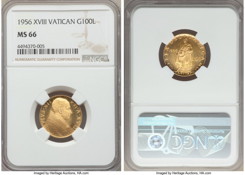 Pius XII gold 100 Lire 1956 Anno XVIII MS66 NGC, KM53.2. Nearly prooflike fields...