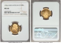 Pius XII gold 100 Lire 1956 Anno XVIII MS66 NGC, KM53.2. Nearly prooflike fields, and certainly among the finest specimens that one could acquire for ...