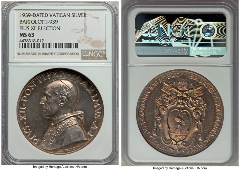 Pius XII Medal Anno I (1939) MS63 NGC, Bartolotti-939, Rinaldi-133. 43.7mm. 39.9...