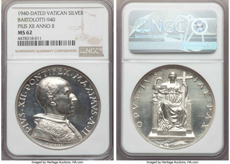 Pius XII 11-Piece Certified silver Medal Set NGC, 1) Anno II (1940) - MS62, Bart...
