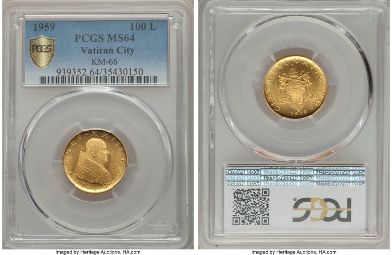John XXIII gold 100 Lire 1959 Anno I MS64 PCGS, KM66. First year of issue type. ...