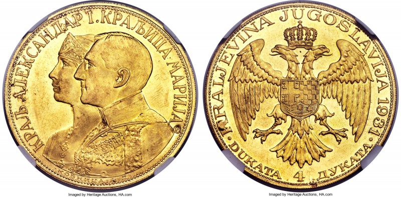 Alexander I gold 4 Dukata 1931-(K) MS62 NGC, Belgrade mint, KM14.1. With sword c...