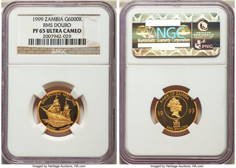 Republic gold Proof "RMS Douro" 6000 Kwacha 1999 PR65 Ultra Cameo NGC, KM-Unl. A...