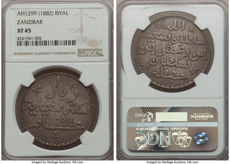 Barghash Ibn Sa'id Riyal AH 1299 (1881/2) XF45 NGC, KM4. Mintage: 60,000. A fine...
