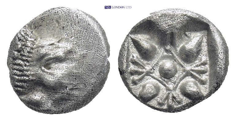 IONIA. Miletos. AR Obol, (9mm, 1.4 g) ca. 600-550 B.C. Obverse: Forepart of lion...