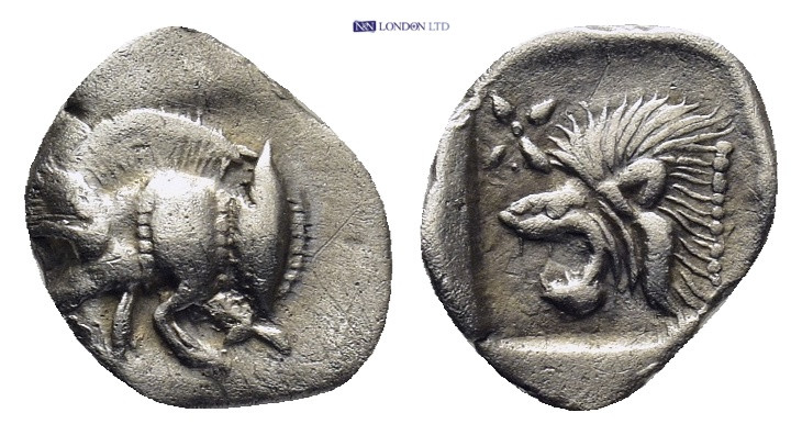 Mysia. Kyzikos c. 500-490 AR Hemiobol ( 0.42 Gr. 10 mm.)
 Forepart of boar left,...