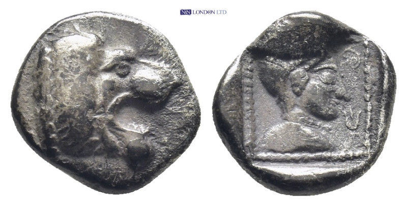 CARIA. Cnidus. Ca. 530-500 BC. AR trihemiobol (10mm, 1.6 g). Head of roaring lio...