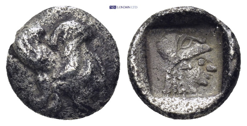 Caria, Ialysos, AR Diobol,(11mm, 1.44 g). Circa 480-408 BC. Obv: Forepart of win...