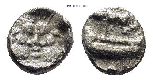 SAMARIA. Circa 375-333 BC. AR Hemiobol (0.33 Gr. 6mm.)
Head of Bes facing 
Rev. ...