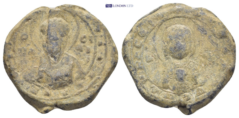 Byzantine lead seal (8.8Gr. 22mm.) Obv: Facing bust of Saint Rev: MP - ΘV. Theot...