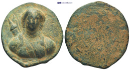 A bronze plaque with high-relief bust of Artemis, bow and quiver slung over right shoulder. (40mm, 45.57 g)