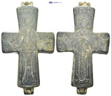 Byzantine Reliquary Cross Pendant. A bronze reliquary in form of a double cross, decorated in relief, Saint figure to one side, orans, the other with ...