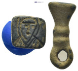 Byzantine bronze stamp seal. Conical-shaped seal, loop at top for suspension. Saint? Bust. (24mm, 6.86 g)