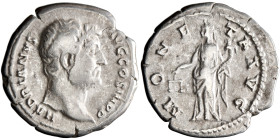 Roman: Hadrian (117-138), silver denarius (3.34g), Rome mint, 134-138 CE. Bust of Hadrian / Moneta standing, holding scales and cornucopia. Very fine....