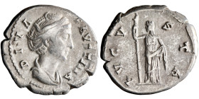 Roman: Diva Faustina Senior, silver denarius (3.33g), Rome mint, 146-161 CE. Bust of Faustina / Ceres standing, holding long torch and raising up fold...
