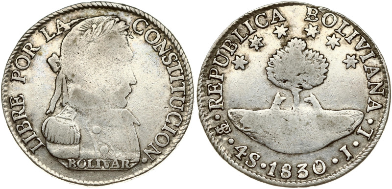 Bolivia. 4 Soles 1830 PTS JL. Silver 14.25 g. KM 96a.