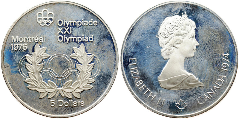 Canada 5 Dollars 1974 Olympic Rings and Wreath. Elizabeth II (1952-2022). 1976 O...