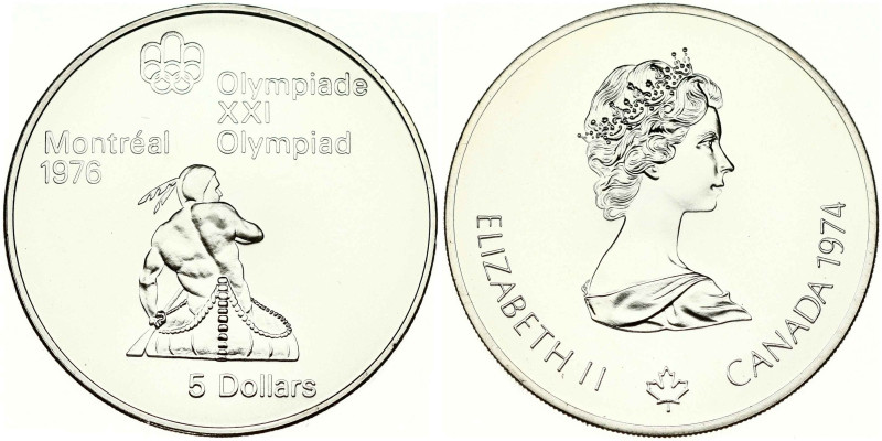 Canada 5 Dollars 1974 Canoeing. Elizabeth II (1952-2022). 1976 Olympics Montreal...