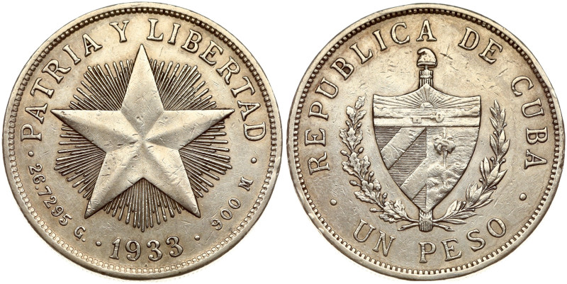 Cuba. 1 Peso 1933. Silver 26.68 g. KM 15.