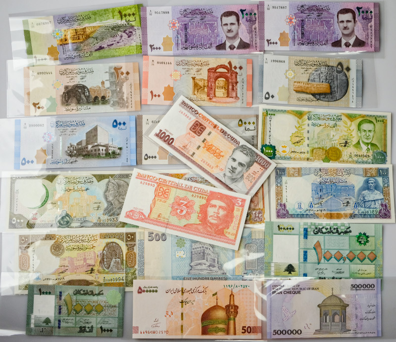 Cuba. 3 & 1000 Pesos 2005-2023 with banknotes of Different Arab Countries. Lot o...