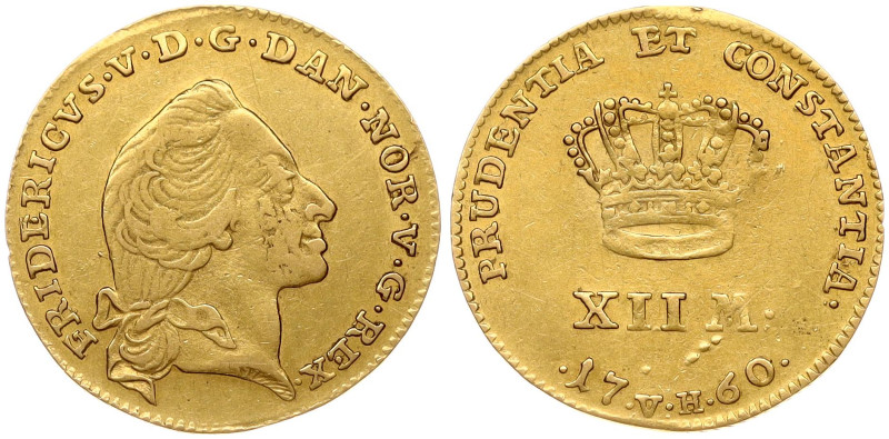 Denmark. Frederik V (1746-1766). 12 Mark 1760 VH;W. Gold 3.08 g. KM 587.3, Fr 26...