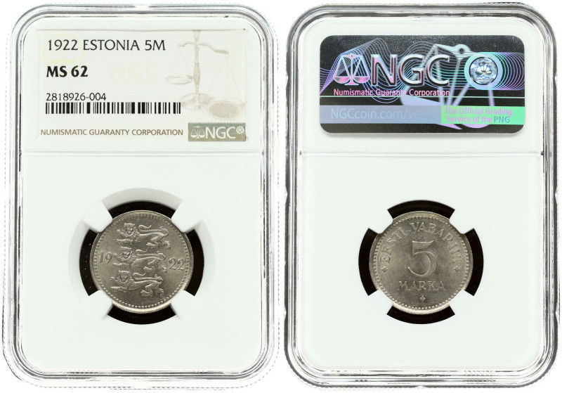 Estonia. 5 Marka 1922. Copper-nickel. KM 3. NGC MS 62