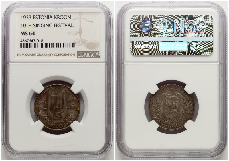 Estonia. 1 Kroon 1933 10th Singing Festival. Silver. KM 14. Kaupo Laan-22. NGC M...