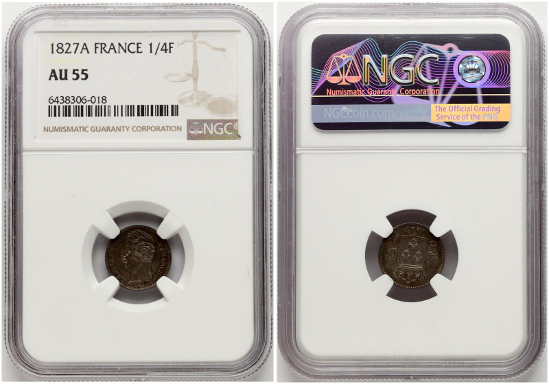 France. Charles X (1824-1830). 1/4 Franc 1827 A. Silver. KM 722. NGC AU 55