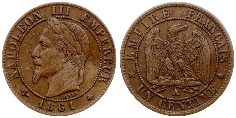 France. Napoleon III (1852-1870). 1 Centime 1861 A. Bronze 0.97 g. Gad. 87, KM 7...