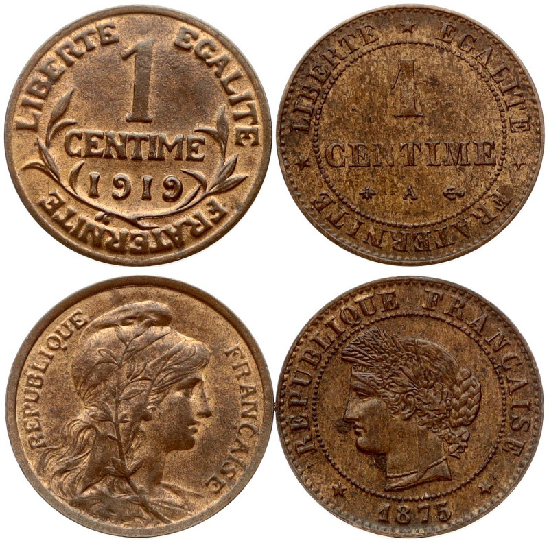 France. 1 Centime 1875 A & 1919. Bronze, total weight 1.99 g. KM 826, 840. Lot o...