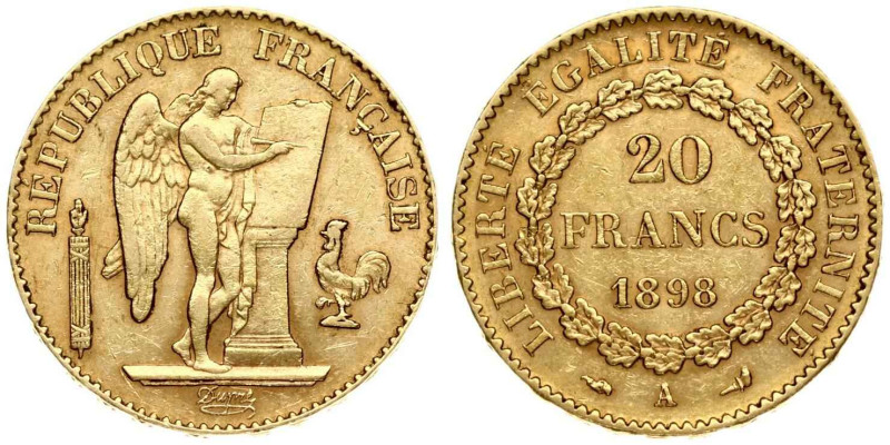 France. 20 Francs 1898 A. Gold 6.44 g. Fr. 592, KM 825.