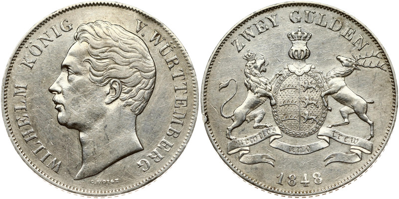 Germany, Wurttemberg. Wilhelm I (1816-1864). 2 Gulden 1848. Silver 21.11 g. KM 5...