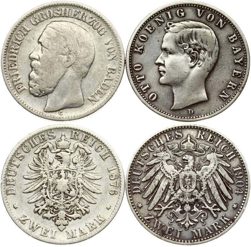 Germany. Baden 2 Mark 1876 G & Bavaria 2 Mark 1904 D. Silver, total weight 21.94...