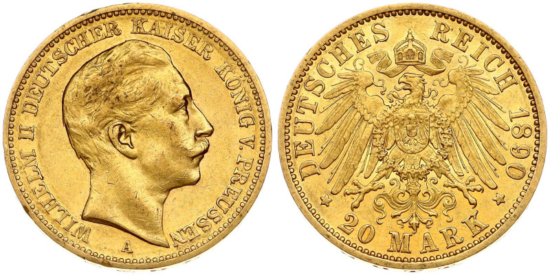 Germany, Prussia. Wilhelm II (1888-1918). 20 Mark 1890 A. Gold 7.92 g. KM 521.