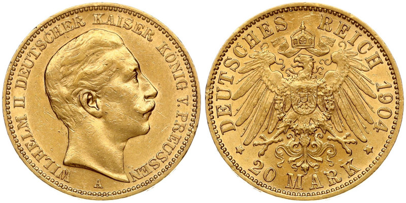 Germany, Prussia. Wilhelm II (1888-1918). 20 Mark 1904 A. Gold 7.94 g. KM 521.