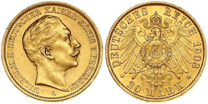 Germany, Prussia. Wilhelm II (1888-1918). 20 Mark 1908 A. Gold 7.94 g. KM 521.