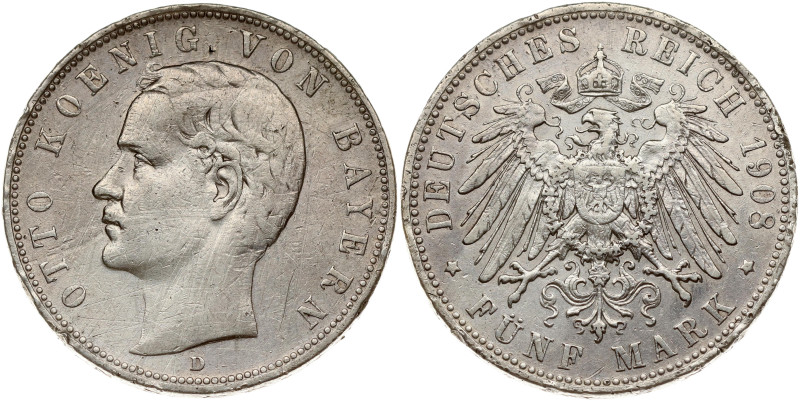 Germany, Bavaria. Otto (1886-1913). 5 Mark 1908 D. Silver 27.57 g. KM 915. Scrat...