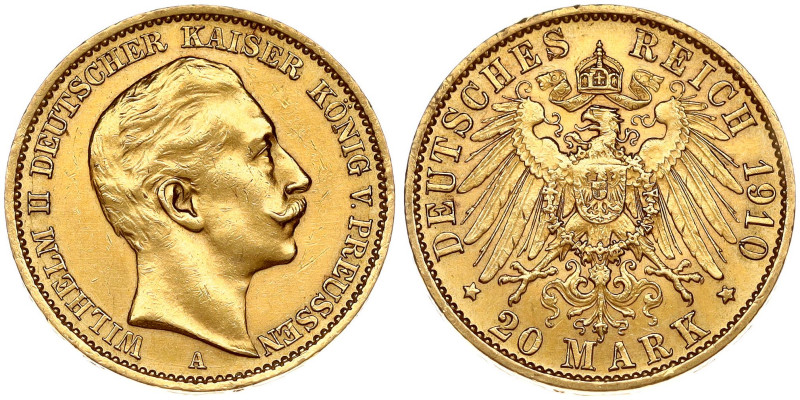 Germany, Prussia. Wilhelm II (1888-1918). 20 Mark 1910 A. Gold 7.94 g. KM 521.