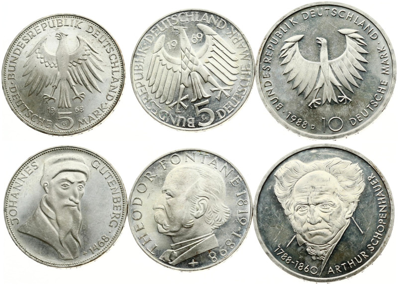 Germany, Federal Republic. 5 & 10 Mark 1968-1988. Commemorative issue. Silver .6...