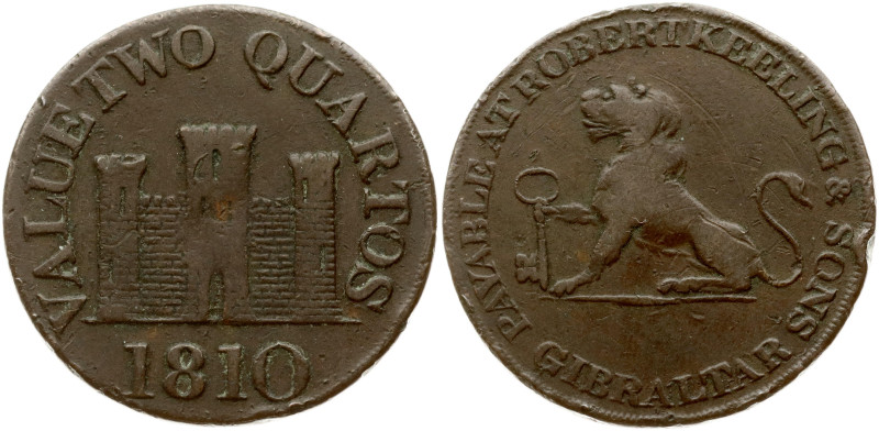 Gibraltar. Token 2 Quartos 1810 Robert Keeling. Copper 6.97 g. KM Tn4.