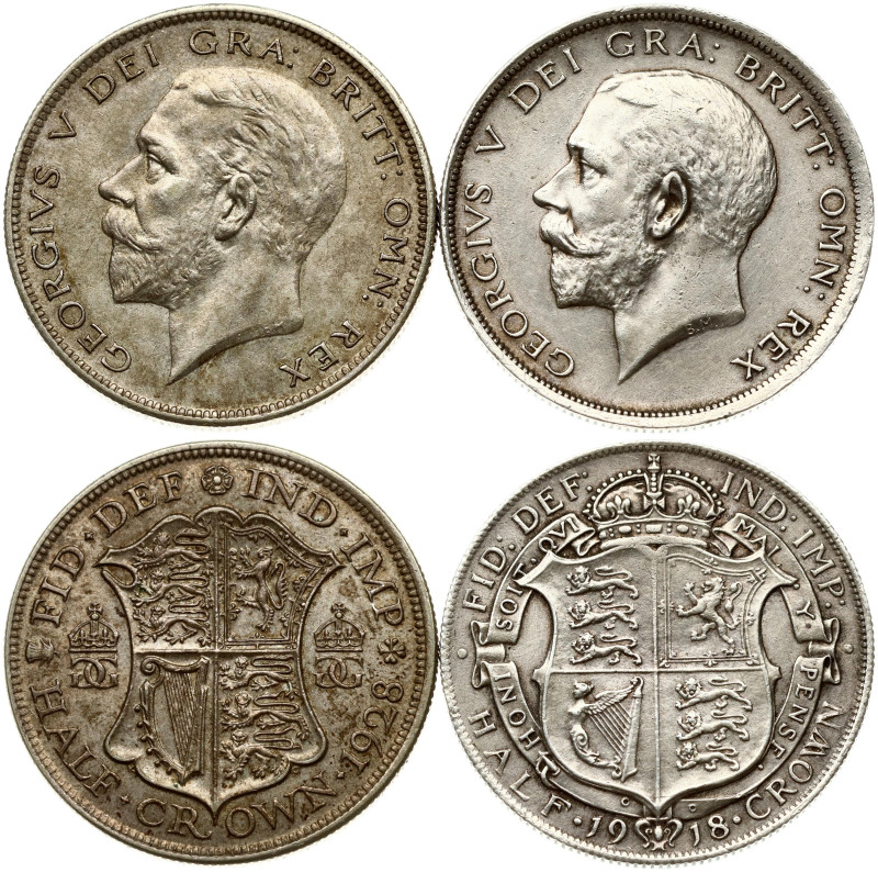 Great Britain. 1/2 Crown 1918 & 1928. Silver, total weight 28.26 g. KM 818.1, 83...