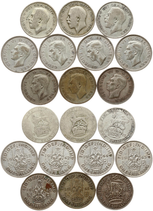 Great Britain. 1 Shilling 1920-1945. Silver .500, total weight 55.12 g. Lot of 1...