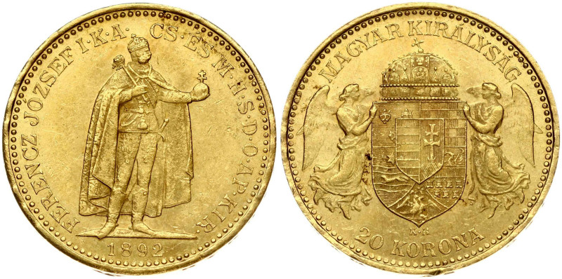 Hungary. Franz Joseph I (1848-1916). 20 Korona 1892 KB. Gold 6.78 g. Fr. 250; KM...