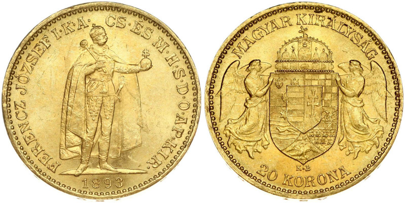 Hungary. Franz Joseph I (1848-1916). 20 korona 1893 KB. Gold 6.76 g. Fr. 250, KM...