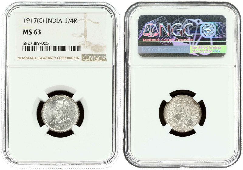 British India. George V (1910-1936). 1/4 Rupee 1917 C. Silver. KM 518. NGC MS 63