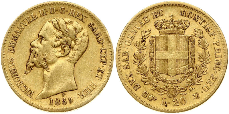 Italy, Sardinia. Vittorio Emanuele II (1849-1861). 20 Lire 1859 B, mintmark Eagl...